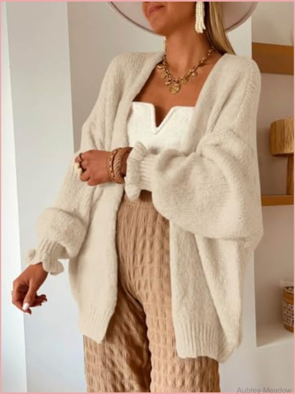 Oversized Open Front Cardigan Ruffle Lantern Long Sleeve Chunky Knit Loose - Picture 3 of 6